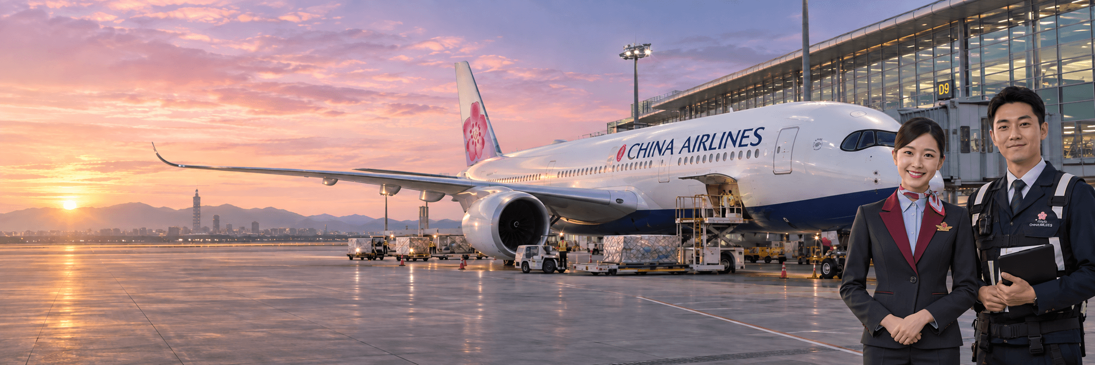 Máy bay mang thương hiệu China Airlines tại sân bay cùng nữ nhân viên trong đồng phục pantsuit 2025 — ảnh minh họa